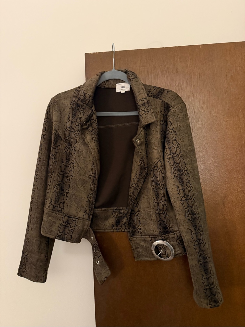 Have Olive Snake-Print Cropped Leather Jacket